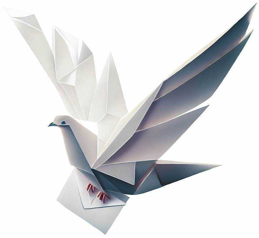 A flying pigeon carrying a message, origami, white background, digital art