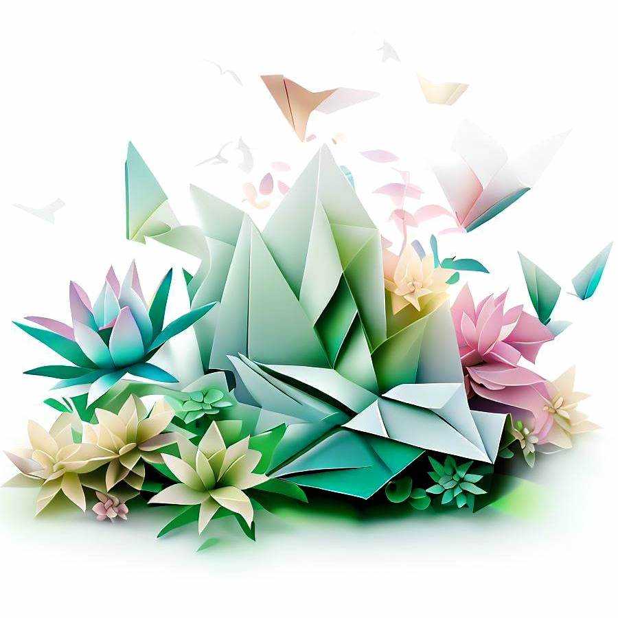 Greetings image : origami, digital art, white background, garden